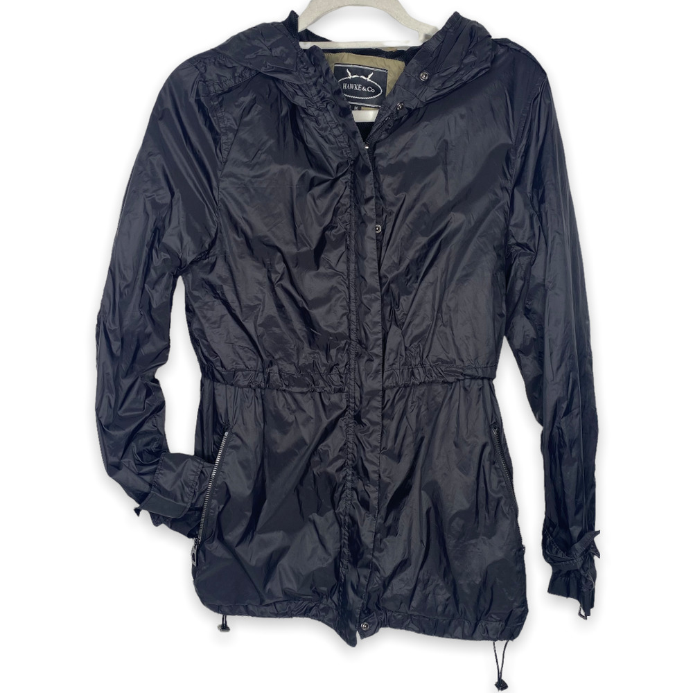 Hawk & Co Black Hooded Rain Coat Jacket Medium Style L3H06055H